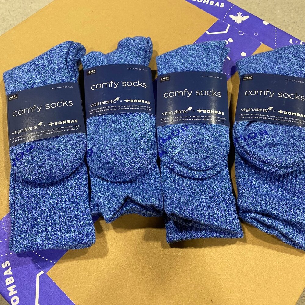 [4 Pairs] BNWT BOMBAS x Virgin Atlantic Blue Solid Calf Socks LARGE
